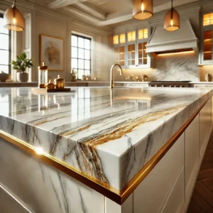 Calacatta Gold quartz mitered edge countertop.