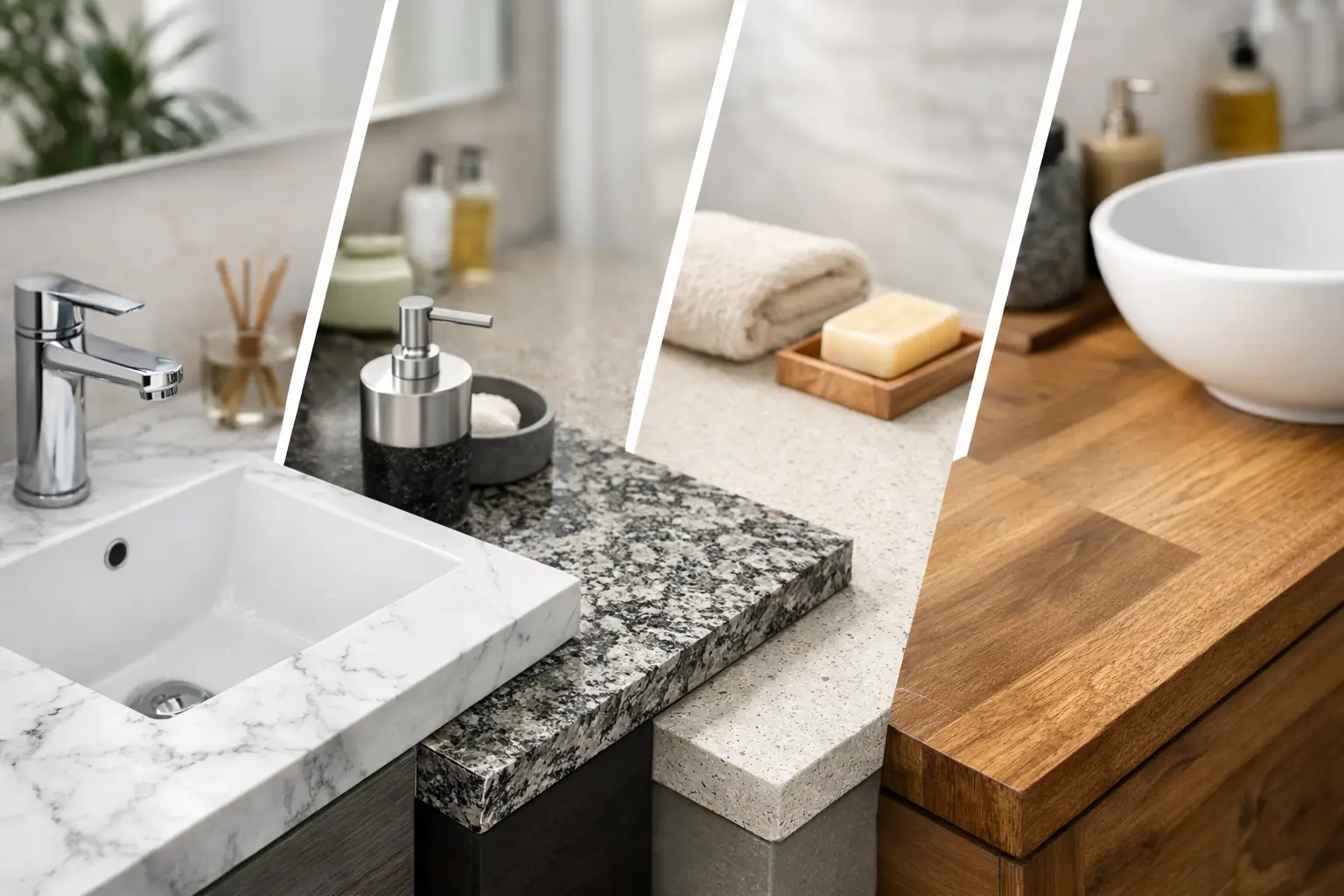 Bathroom vanity top materials including quartz, granite, marble, quartzite and porcelain