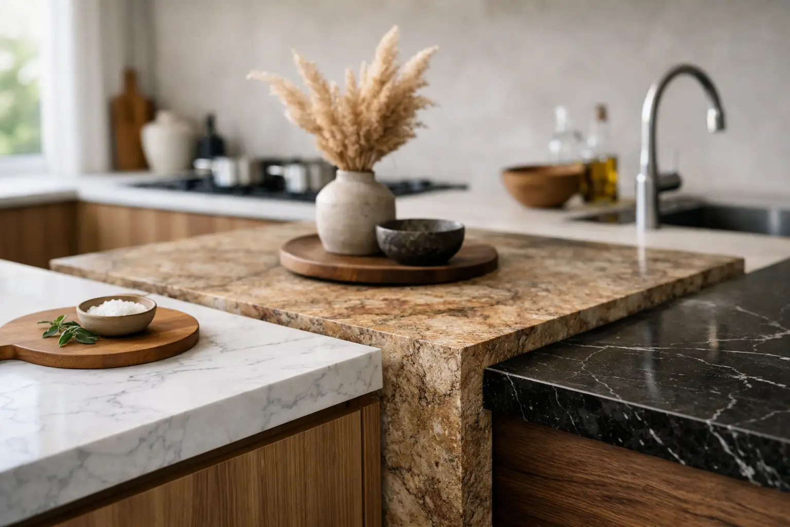 Warm stone kitchen island showing timeless countertop design trends for 2026