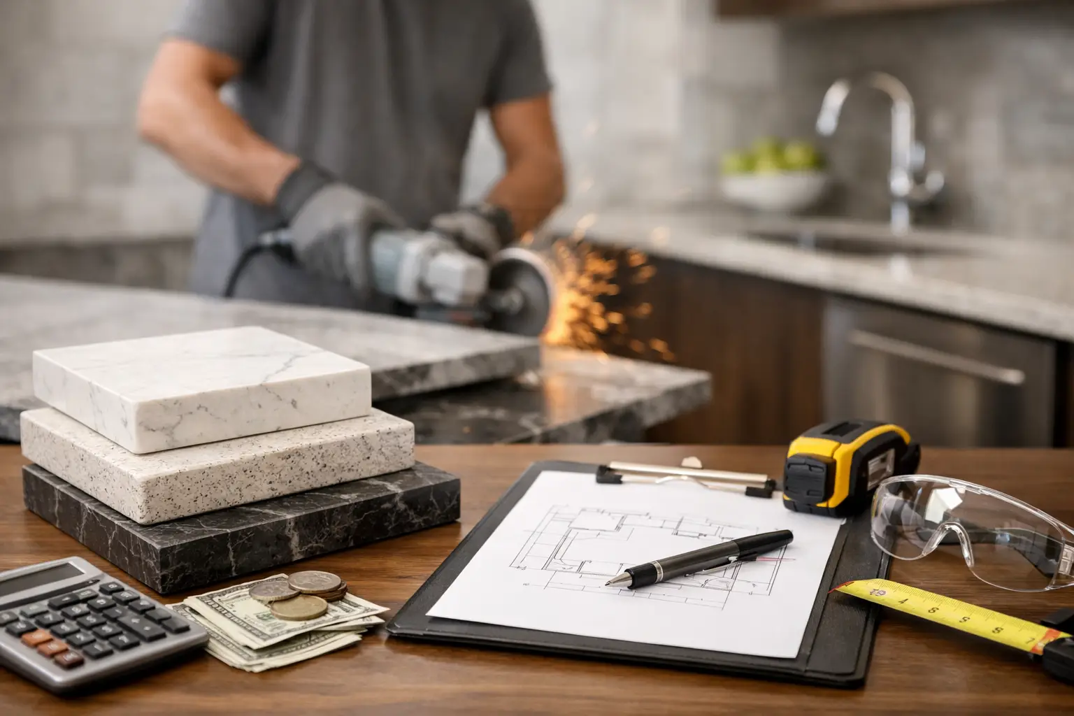 Countertop fabrication cost breakdown showing stone fabrication and installation