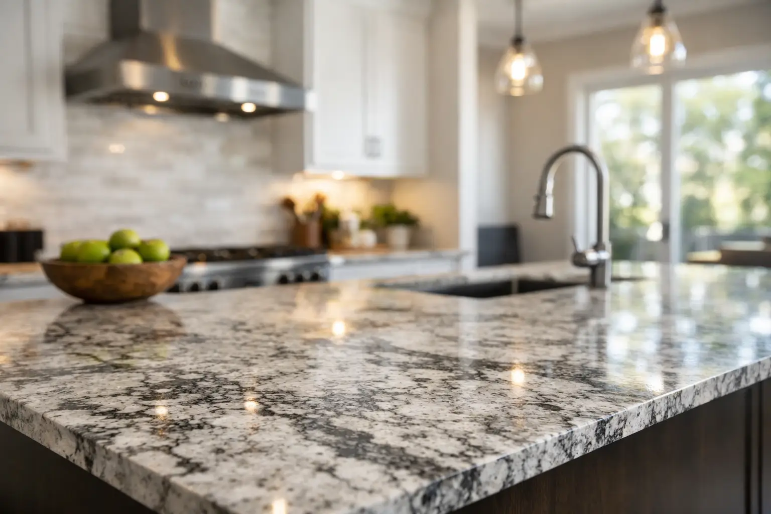 Granite countertops in a modern Toronto kitchen with white cabinetry and waterfall island
