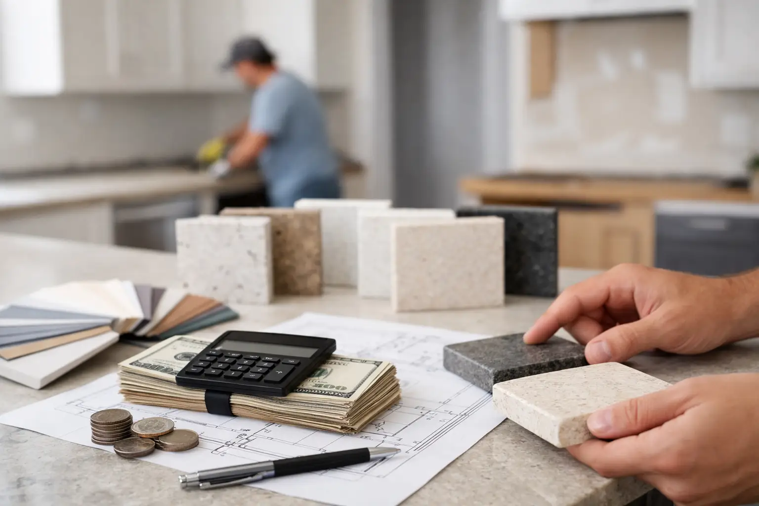 Homeowners reviewing material samples and planning a countertop replacement budget