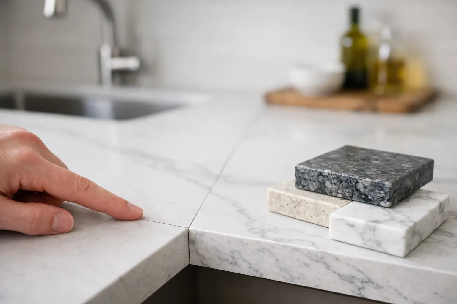 Fabricator checking a kitchen countertop seam during installation