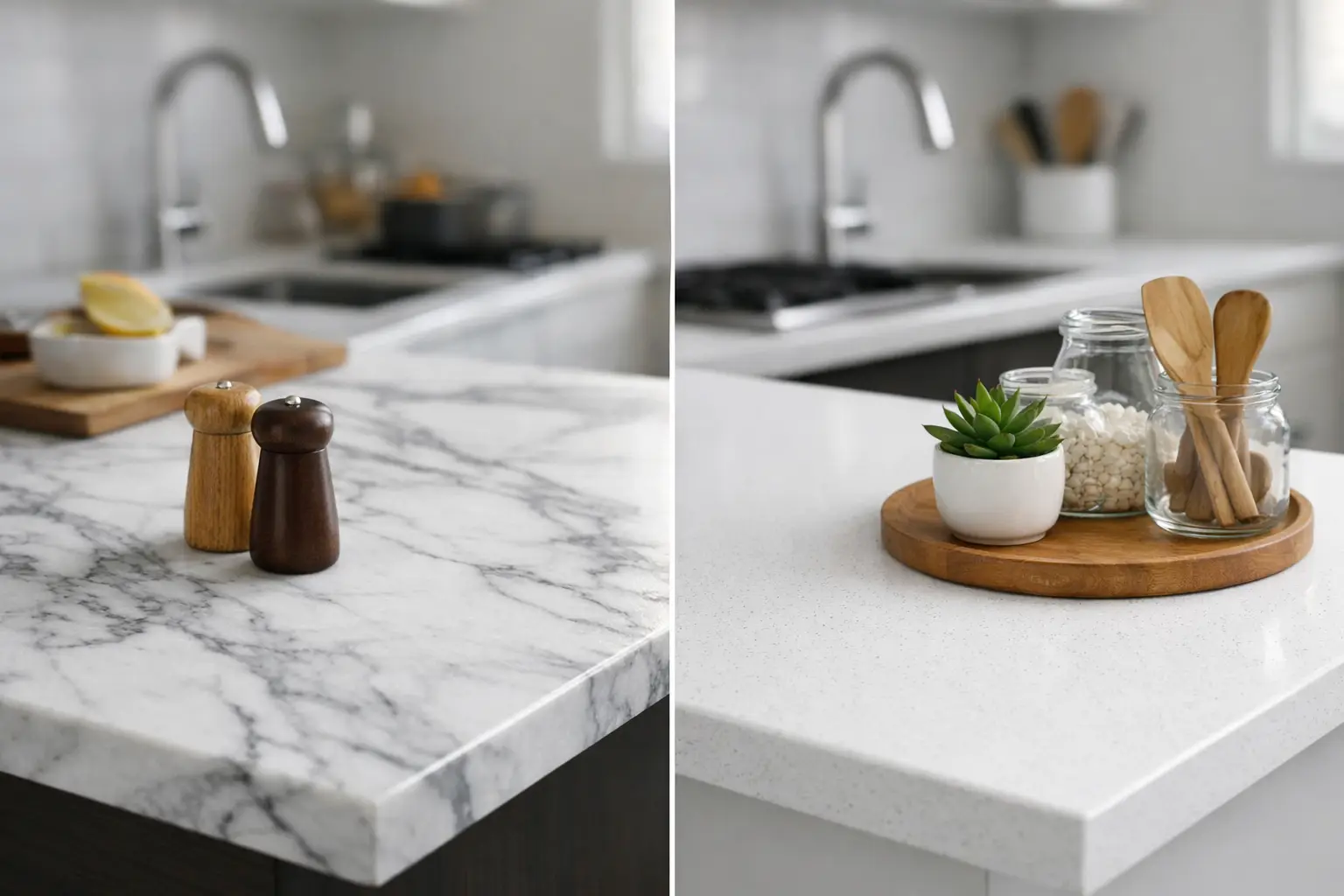Marble and quartz kitchen countertops compared side by side