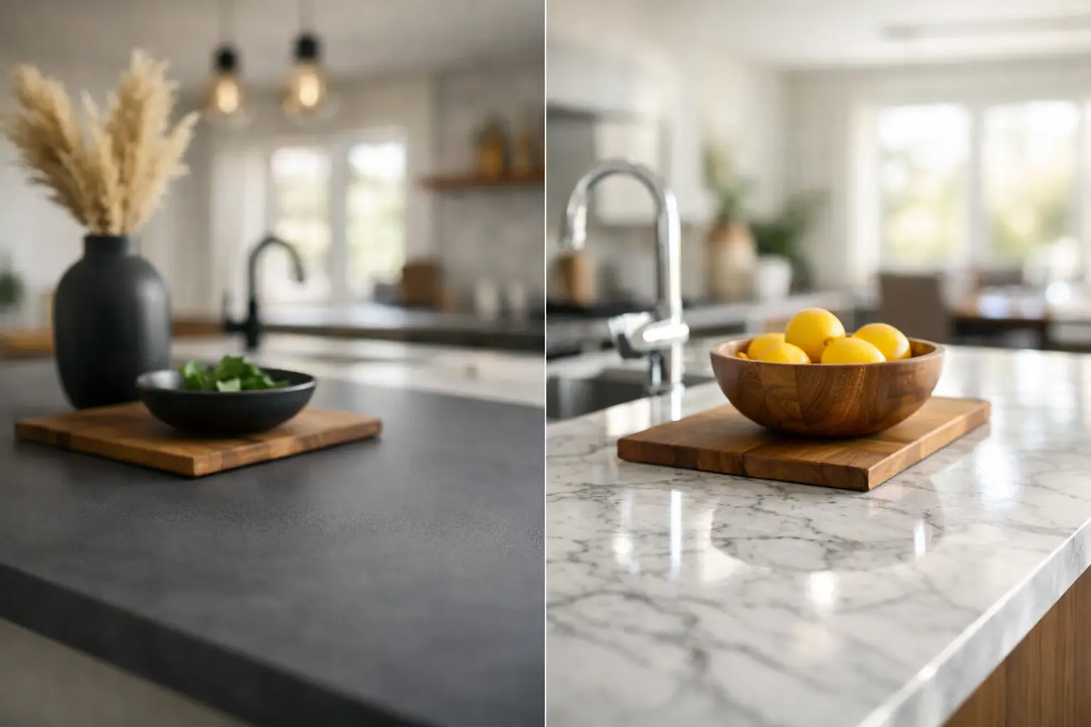 Matte and polished kitchen countertops compared in a modern Ontario kitchen