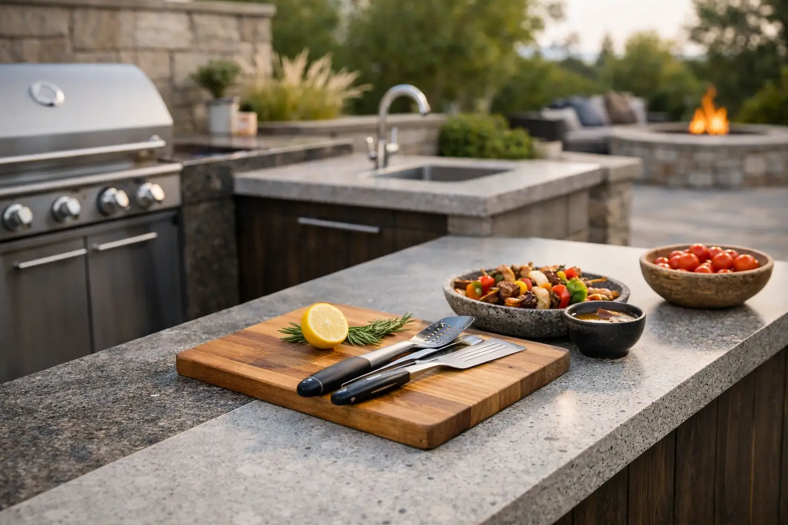 Outdoor BBQ countertop materials including granite, porcelain and quartzite for an Ontario outdoor kitchen