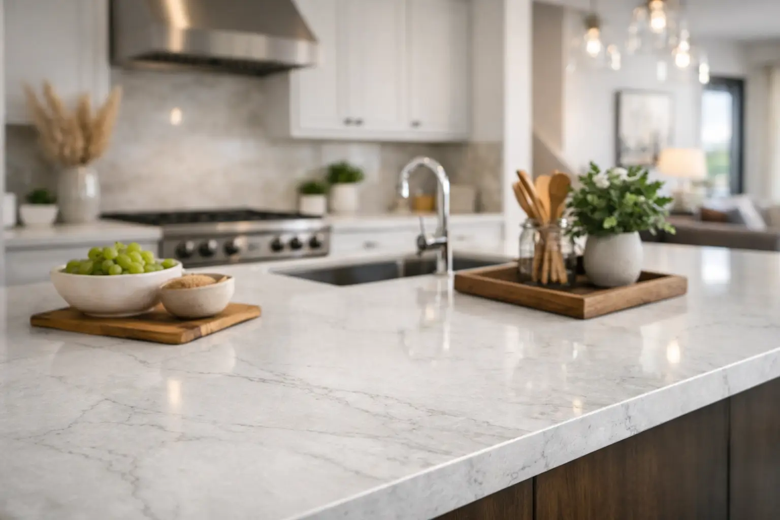 Quartz countertops review showing a modern quartz kitchen countertop installed in an Ontario home
