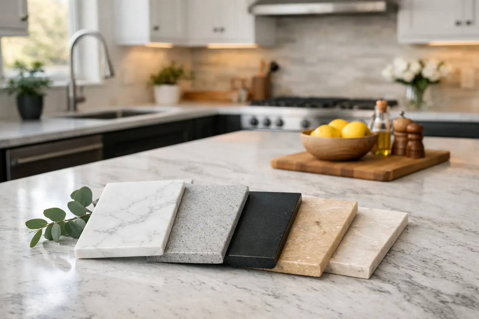 Quartz countertop samples displayed in a modern kitchen to compare the best quartz colors for kitchens