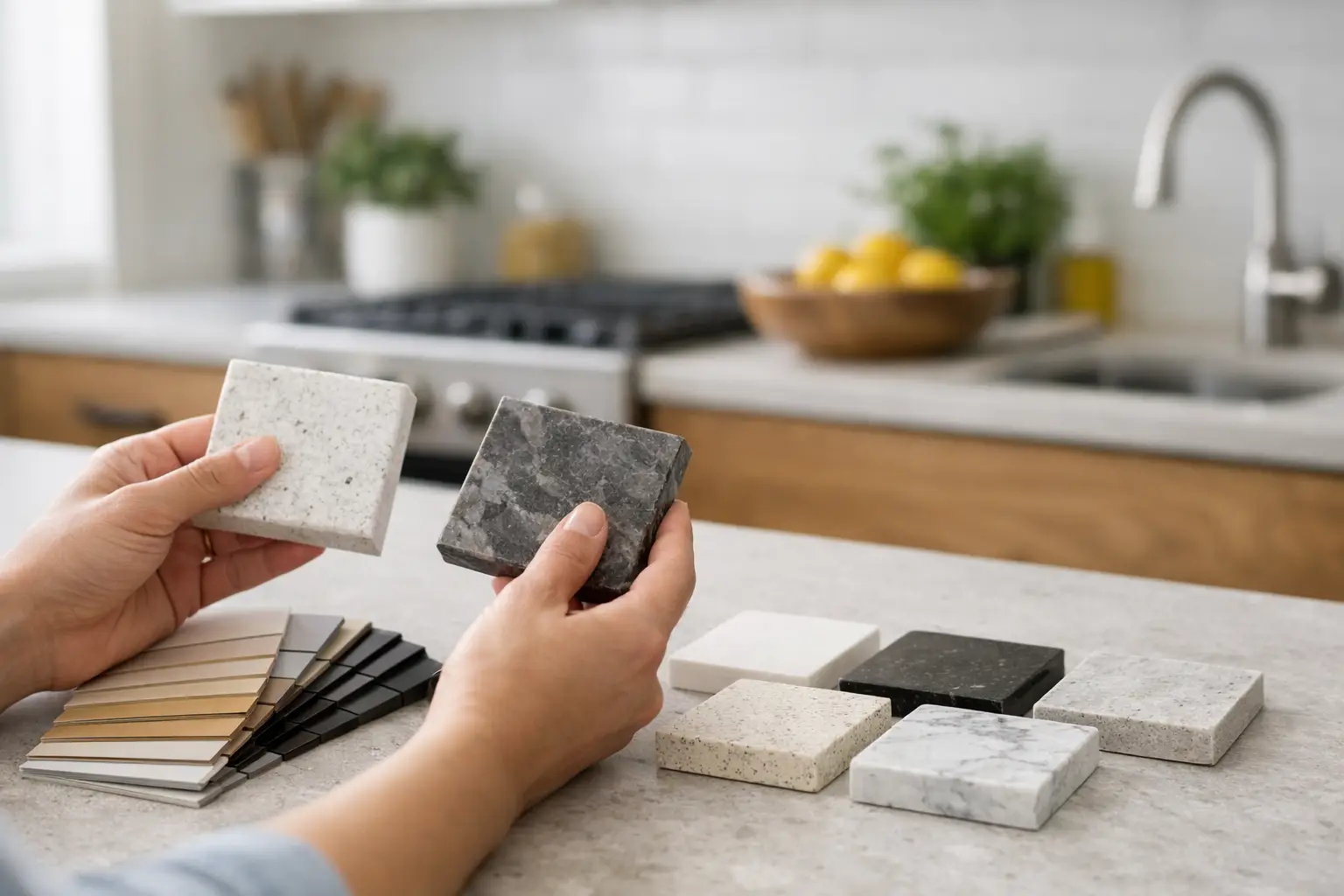 Homeowner comparing quartz countertop colour samples for a kitchen