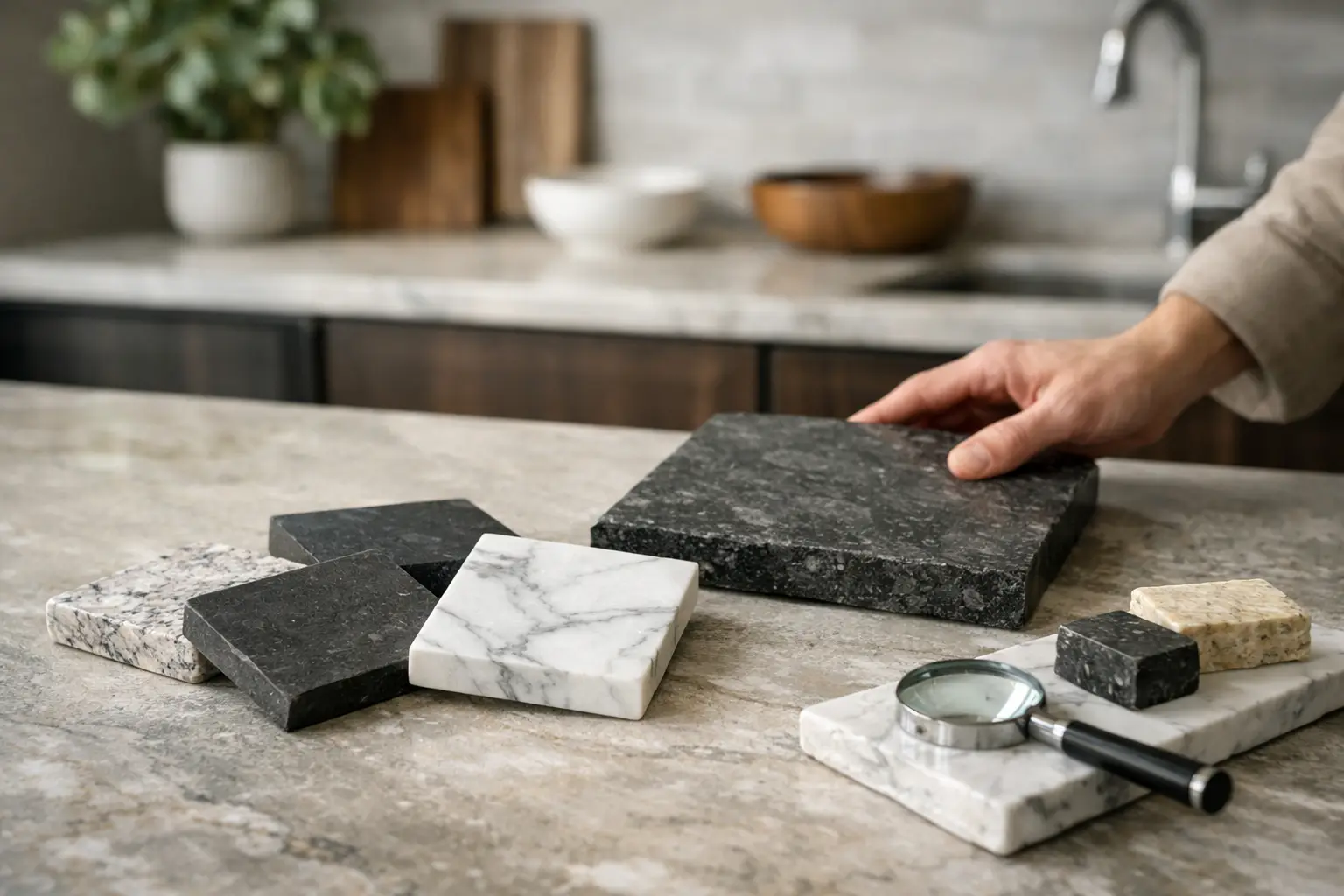 Comparing stone countertop finishes for a kitchen countertop
