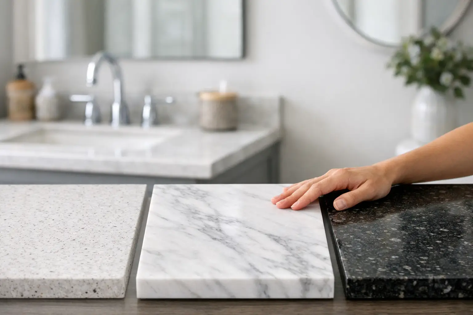 Homeowner choosing a stone vanity top for a bathroom