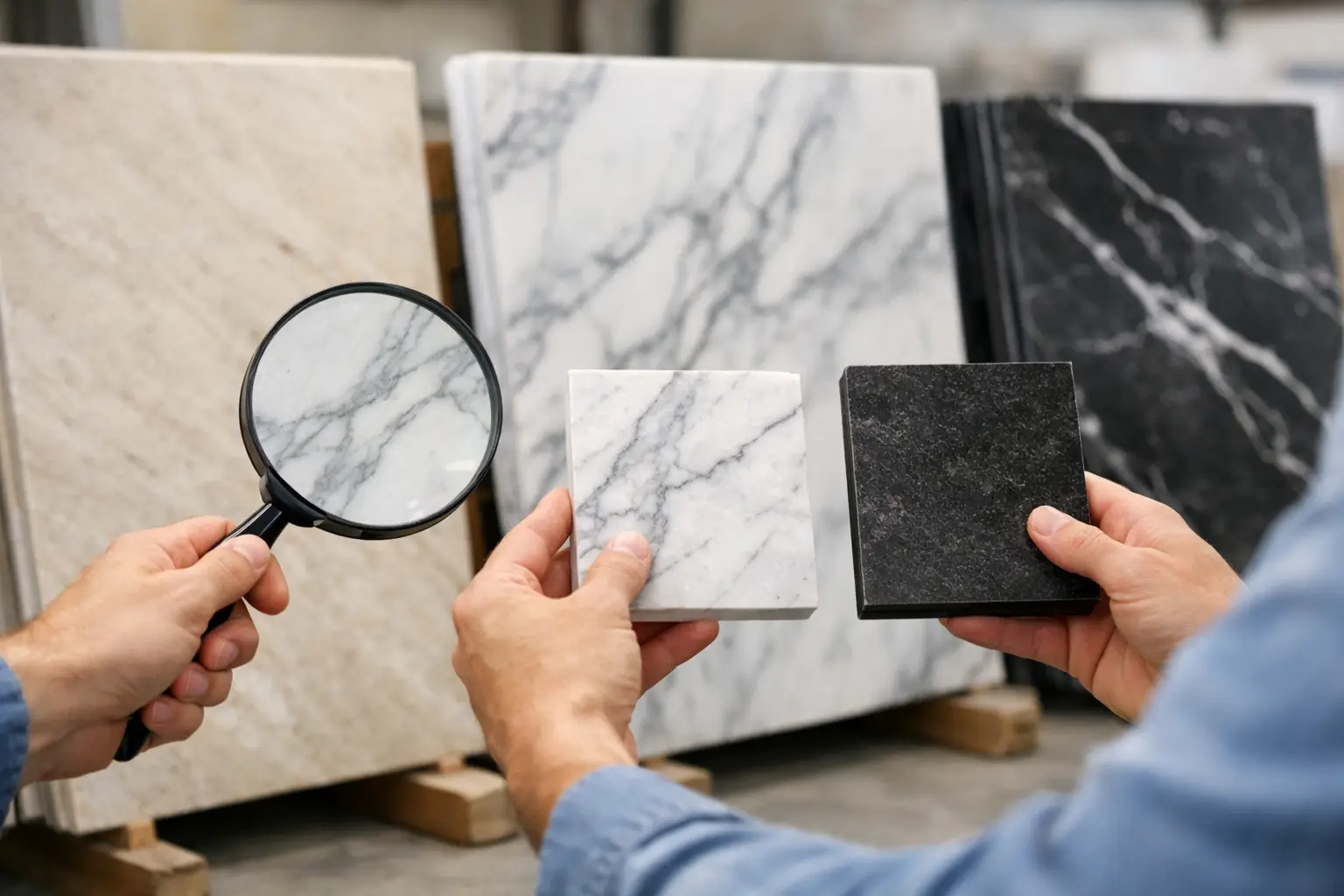 Comparing stone slabs and countertop material samples before buying
