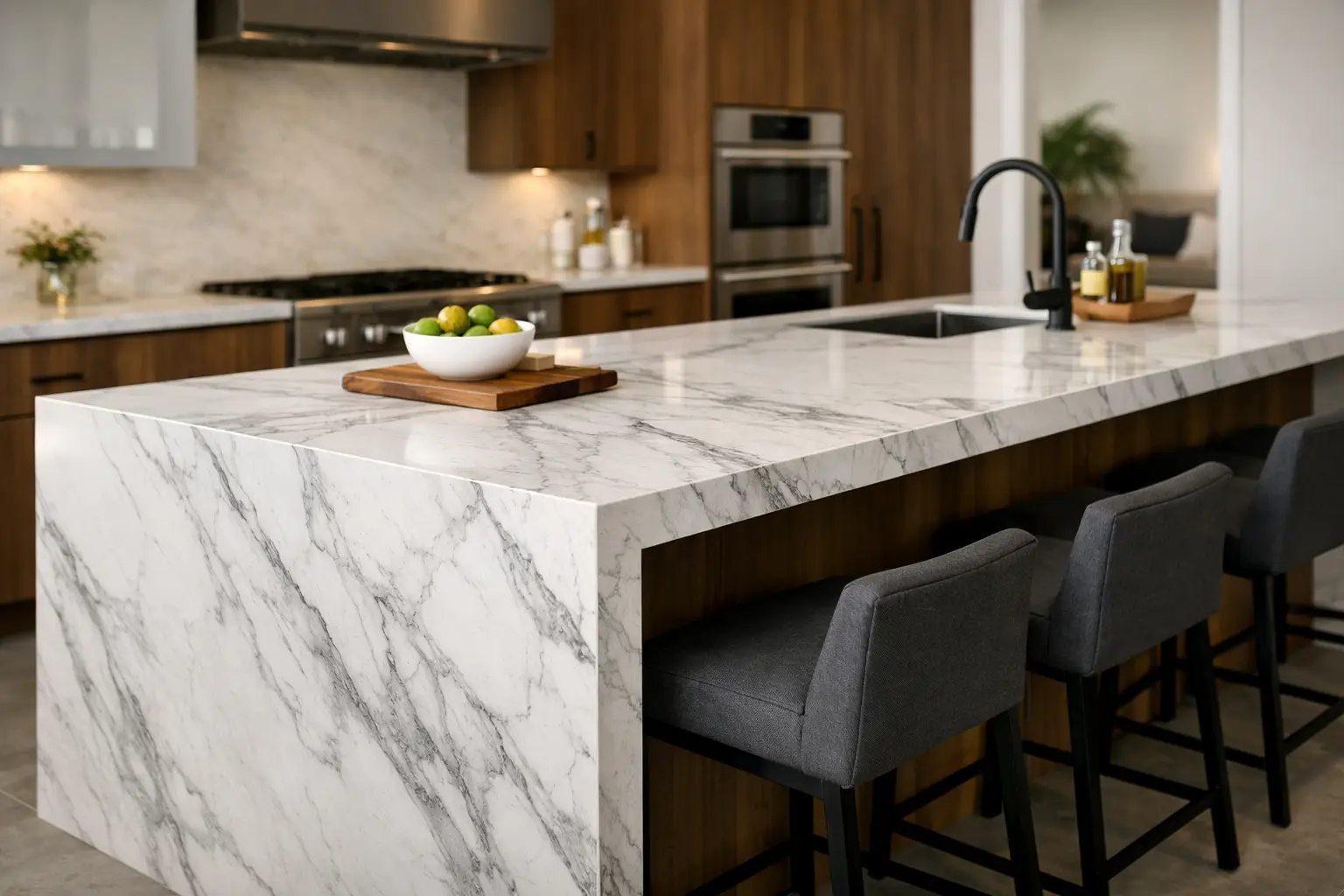Waterfall kitchen island with veined stone countertop and matching waterfall panels