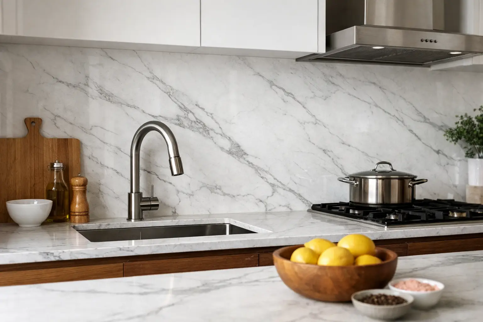 Full-height quartz backsplash with matching quartz kitchen countertops