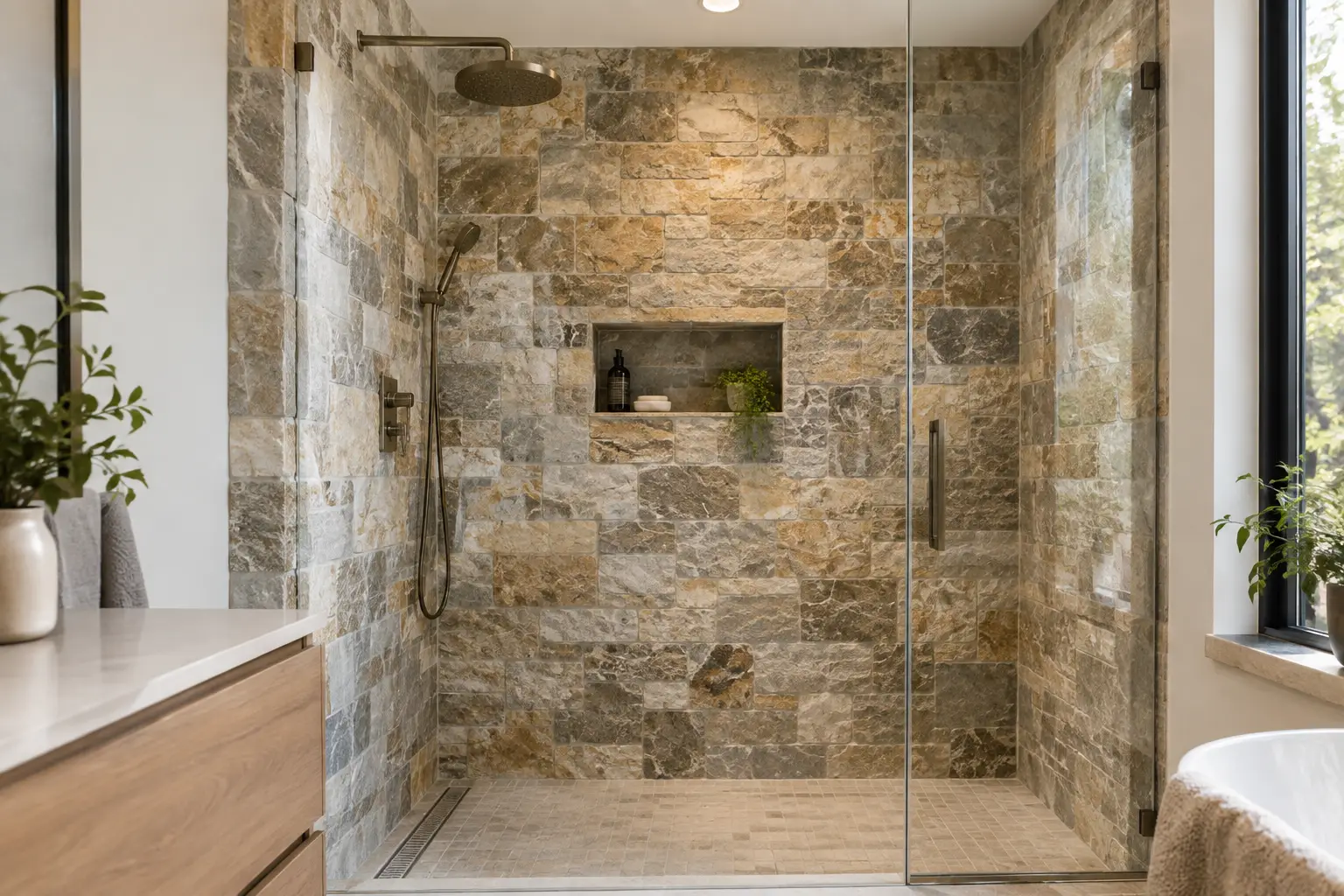Stone shower wall ideas featuring large-format stone panels in a bathroom shower