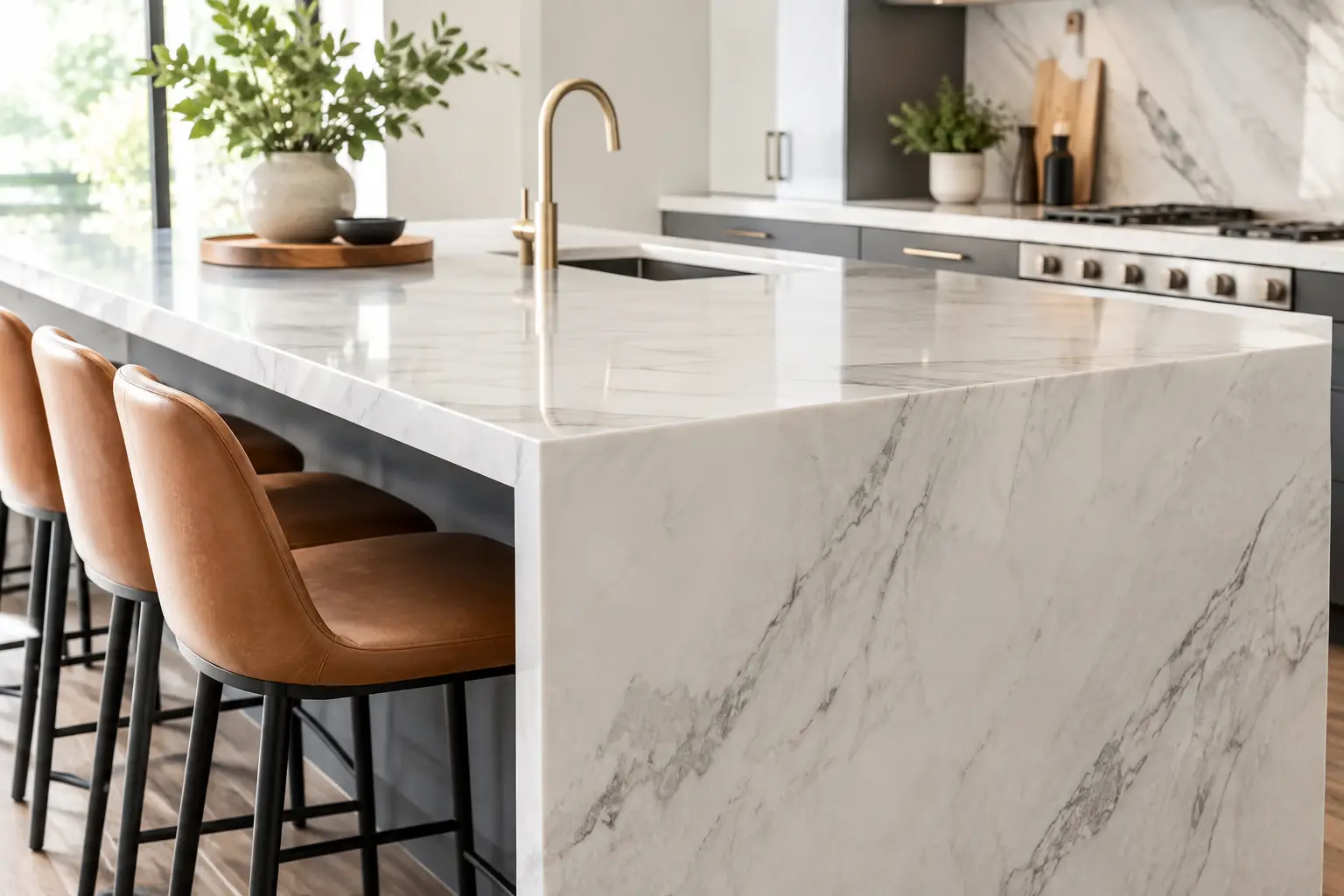 Waterfall countertop island with stone continuing down the side