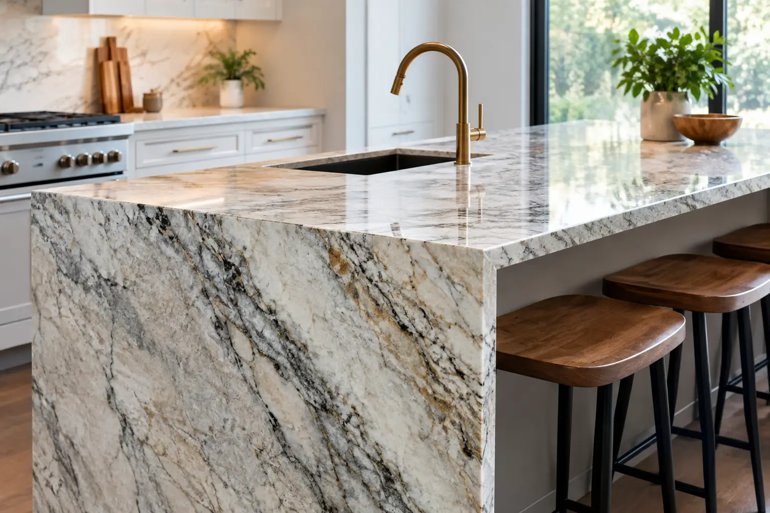 Waterfall kitchen island showing continuous stone veining from the countertop down the side panel