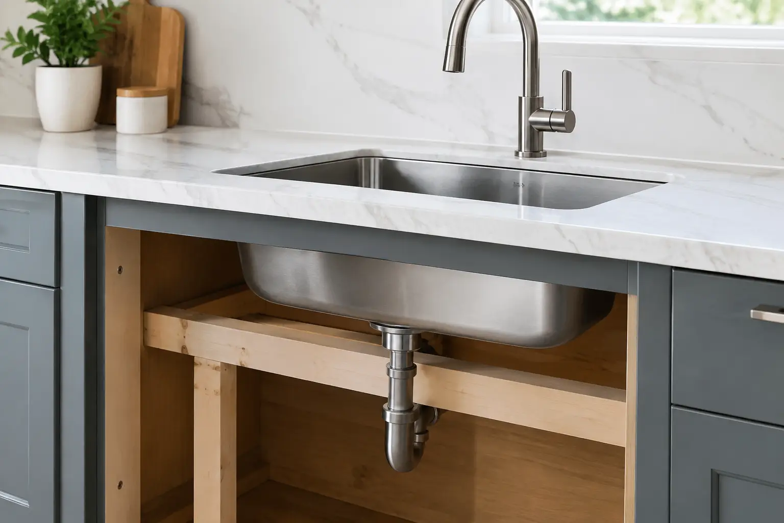 Undermount kitchen sink support beneath a stone countertop