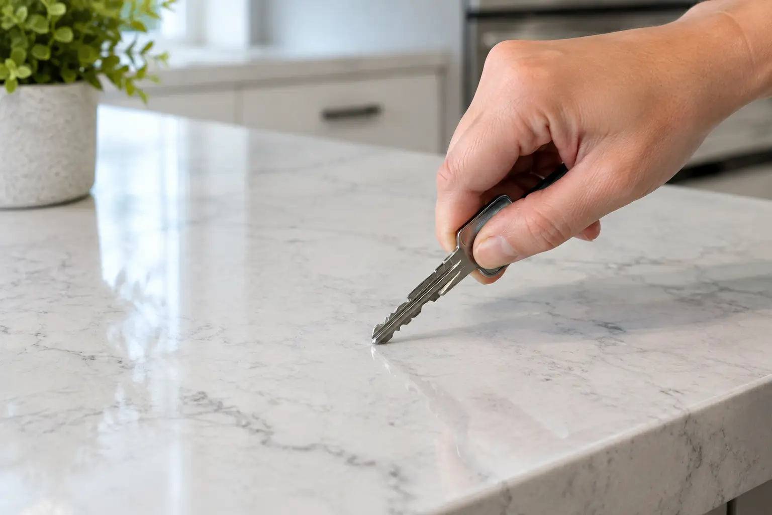 Testing whether a quartz countertop can scratch
