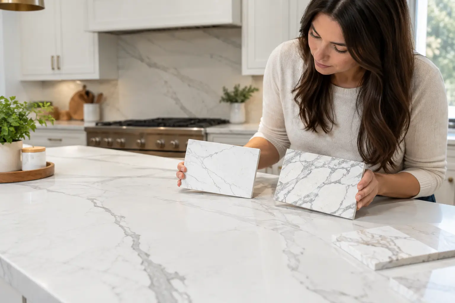 Kitchen with veined countertop showing how to match countertop veining with cabinets and surrounding finishes