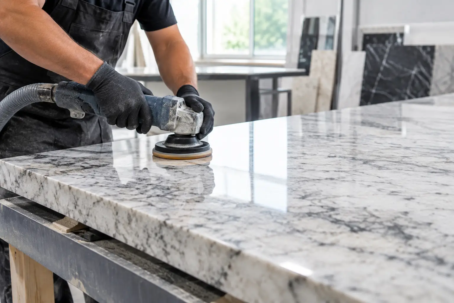 Stone fabrication process for custom kitchen countertops