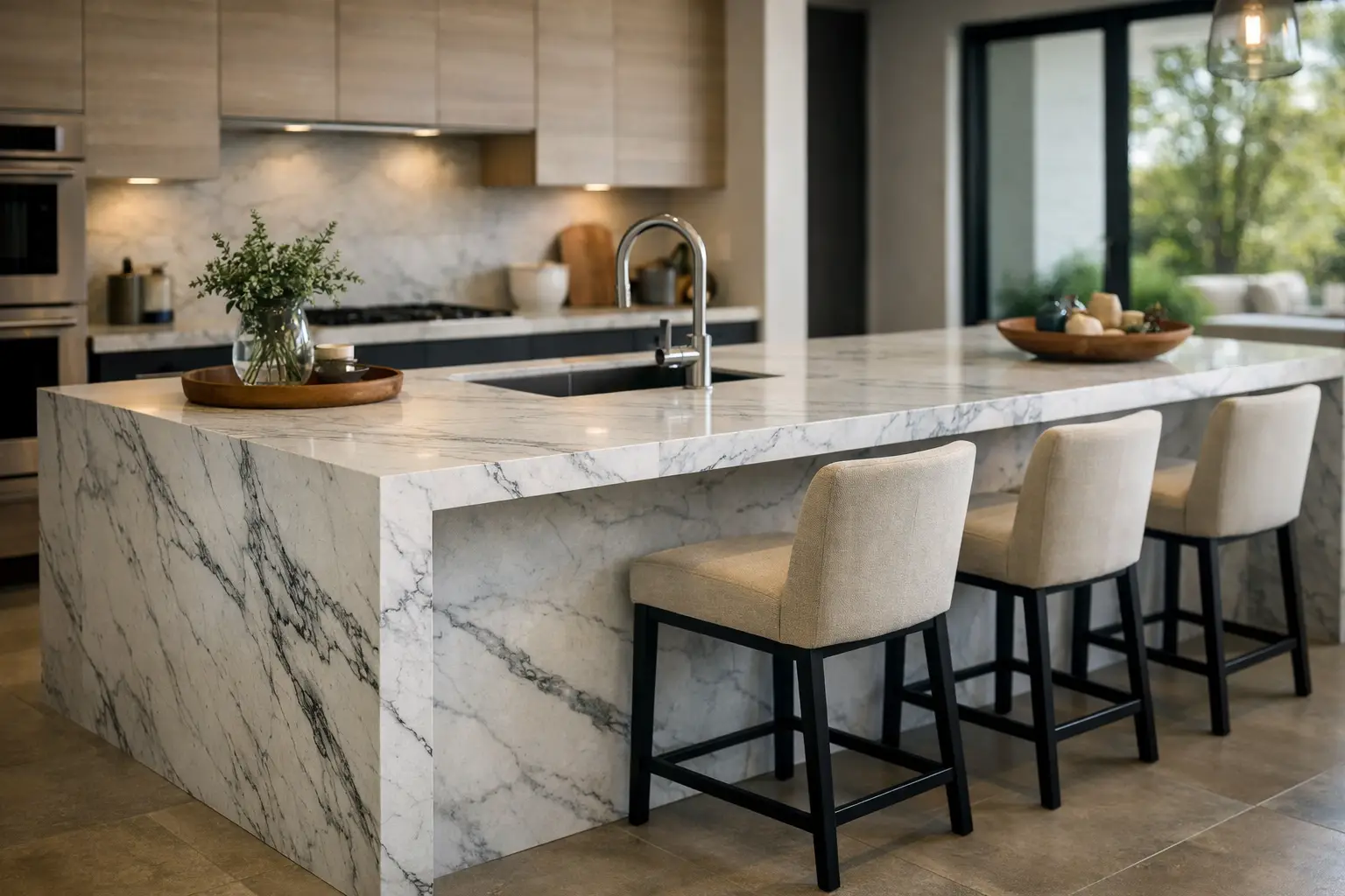 Waterfall island project with stone countertop and mitred waterfall panels