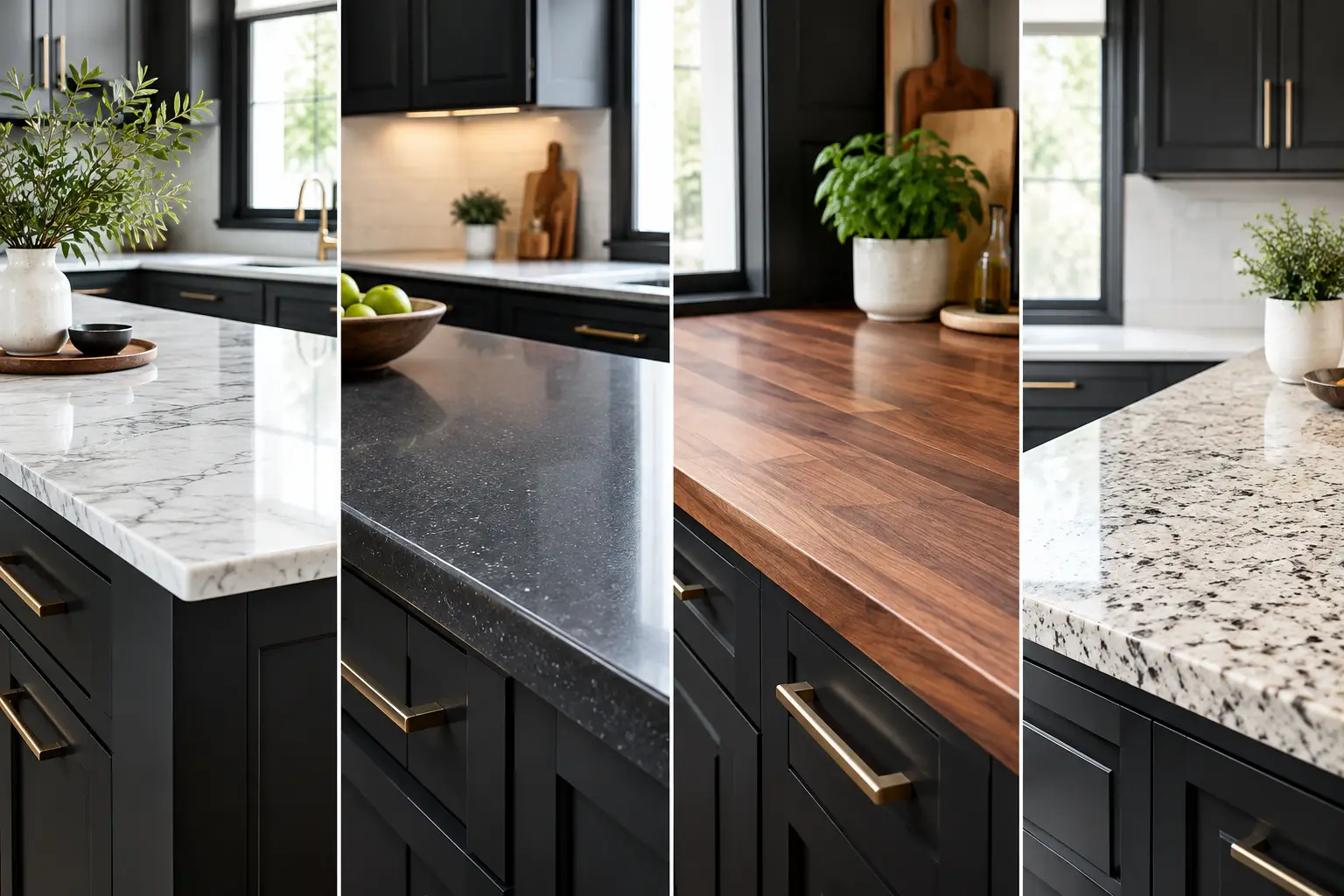 Light stone countertops paired with dark kitchen cabinets and a contrasting island