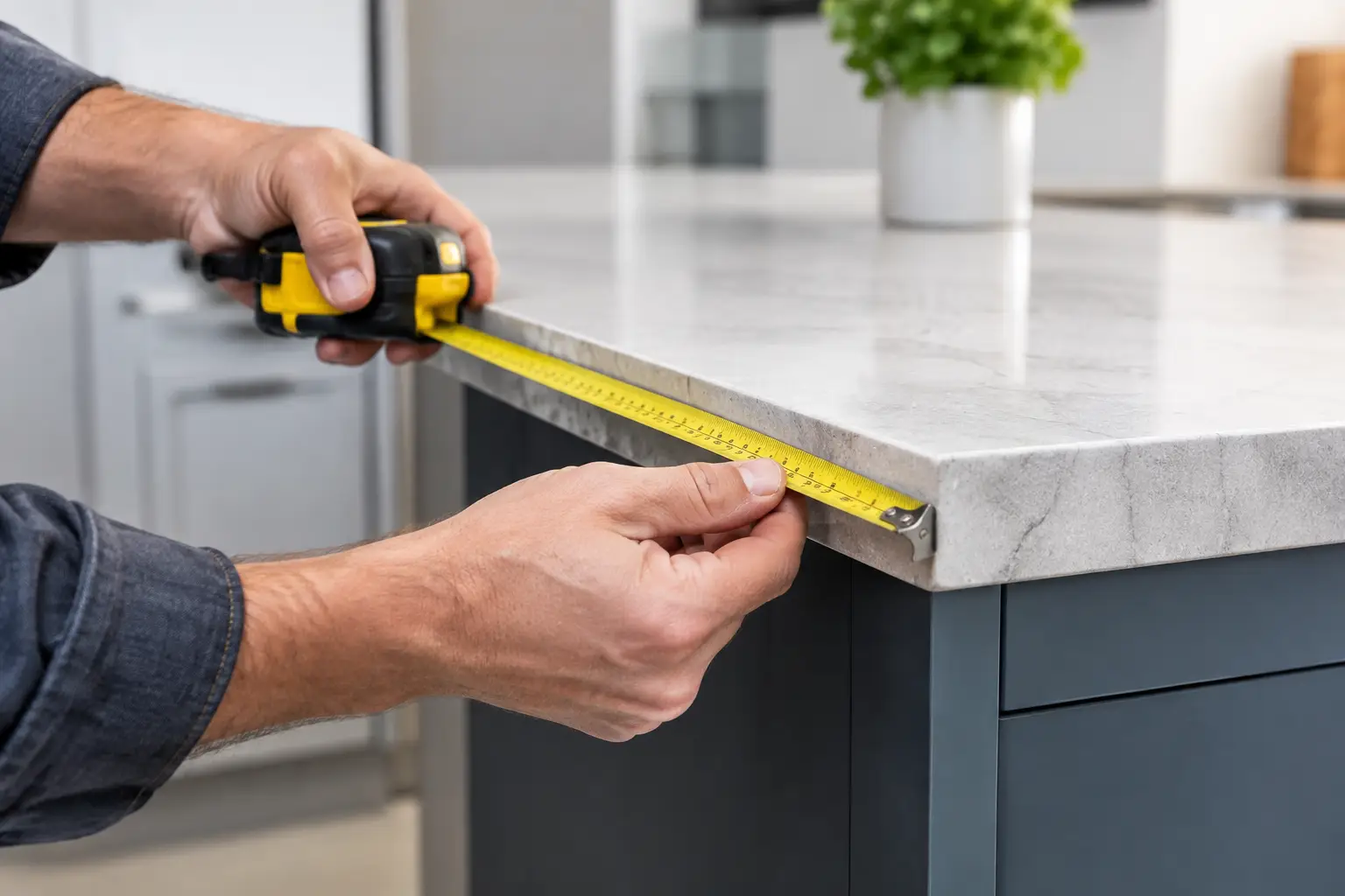 Measuring countertop overhang from the finished cabinet face to the stone countertop edge
