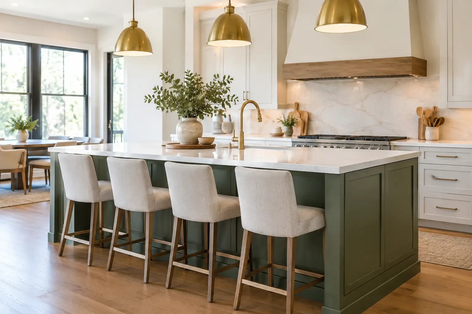 Modern kitchen island with stone countertop showing current kitchen island trends