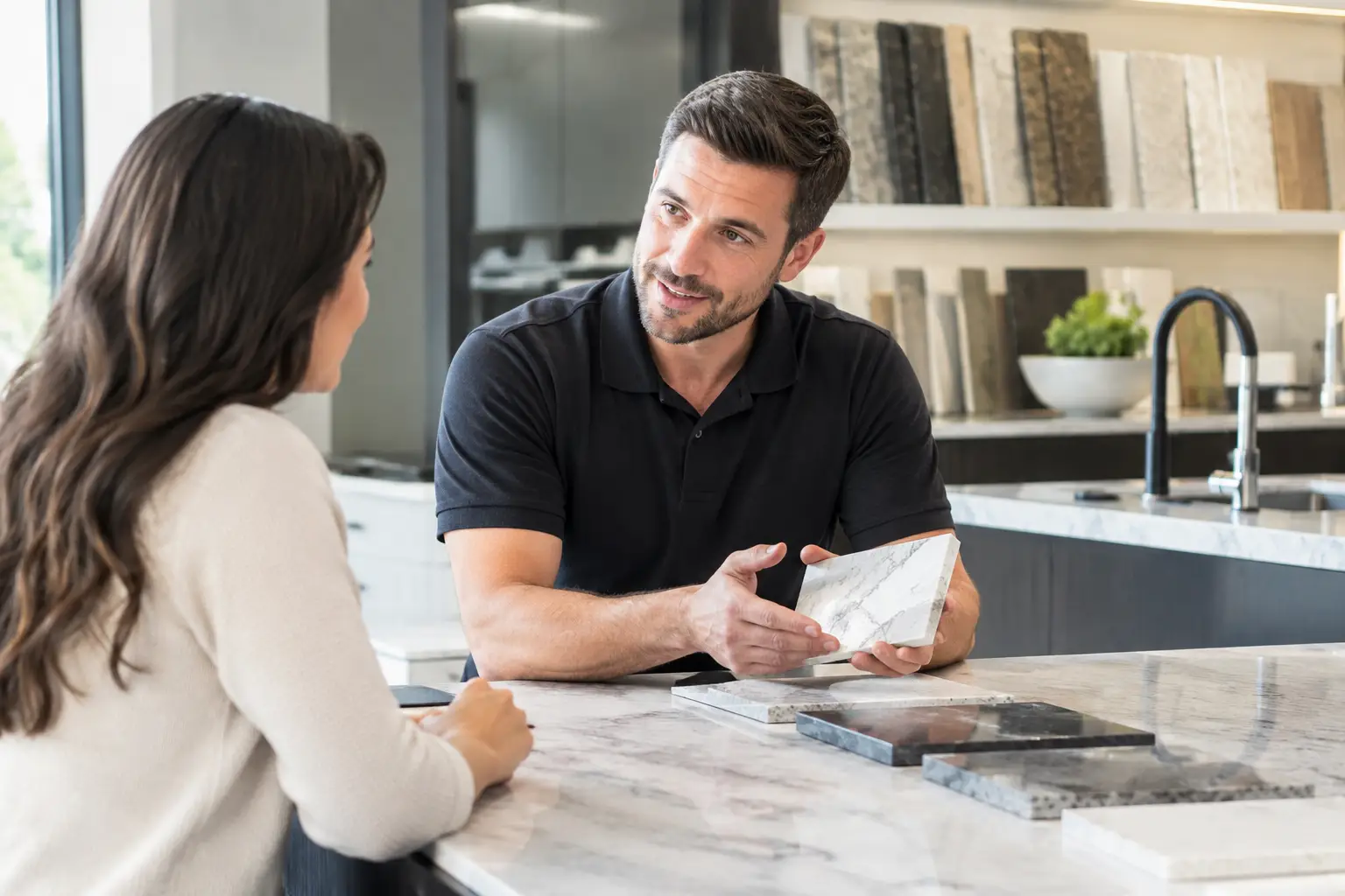 Homeowner discussing countertop slab layout and installation details with a fabricator