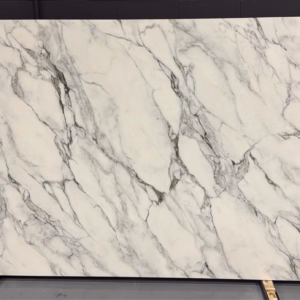 Printed quartz slab with dramatic gray and white marble-look veining, model 7027