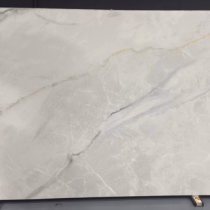 Printed quartz slab 7021 with soft gray tones, cloudy texture, and subtle gold veining.