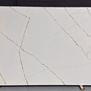 Quartz slab 7723 with crisp white background and bold gold veining in a modern linear pattern.