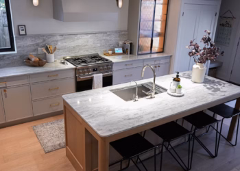 Full kitchen view showcasing HanStone Matterhorn quartz countertops across the island and perimeter counters.