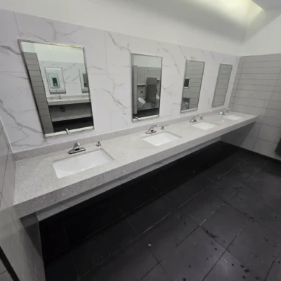 Commercial quartz bathroom countertops installed at OnRoute Port Hope Ontario by Stone Valley Countertops
