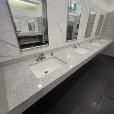 Stone Valley Countertops installed quartz restroom vanity counters at OnRoute Port Hope Ontario