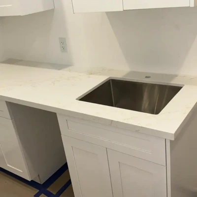 White quartz kitchen countertops with undermount sink installed in Bewdley Ontario