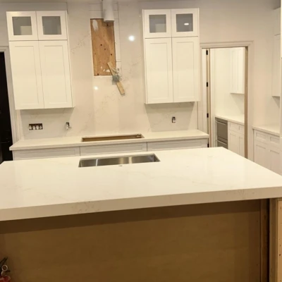 Large quartz kitchen island countertops installed in a Bewdley Ontario home renovation