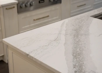 Cambria Windsor Brass Satin Ridge quartz kitchen island corner showcasing detailed veining and edge profile in Mississauga home